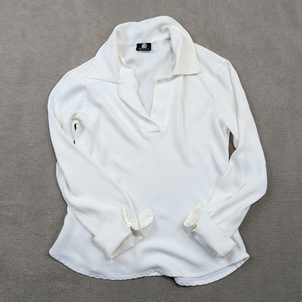 Anxiety Blouse Size M Vintage White Long Sleeve V-Neck French Cuff Pullover Top